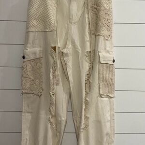 POL Cream Wide Leg Pants with Textured Patches